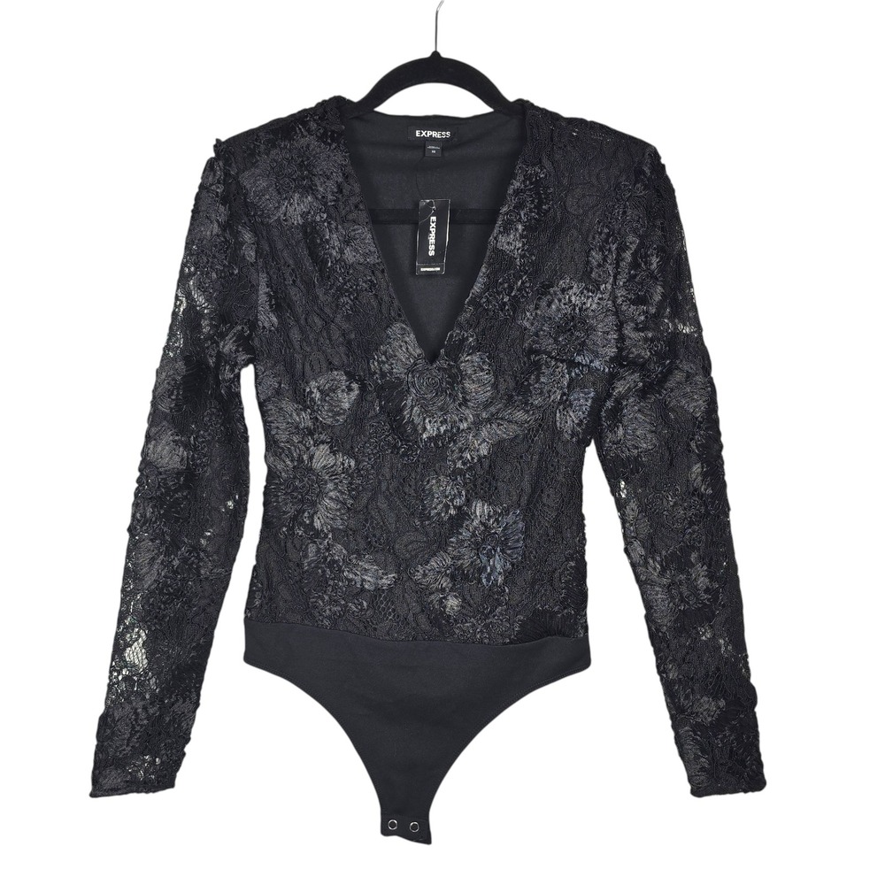 Express Bodysuit Women XS Black Floral Lace Embellished Long Sleeve V-Neck New